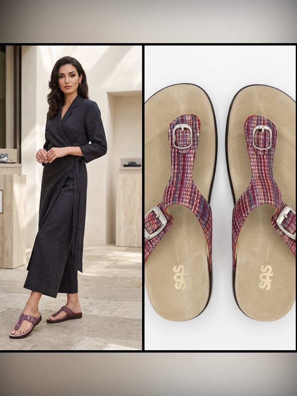 SAS Sanibel Leather Boho Woven Plaid Comfort Thong Suede Footbed Sandals 8M
